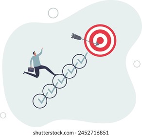 businessman walk up checklist as staircase to achieve target.build specialist skill or competence to motivate and achieve business target.