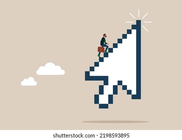  Businessman walk up computer mouse pointer as staircase to reach goal. Digital marketing, web, seo, online technology to achieve business success. Vector illustration.