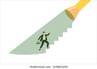 Businessman walk up flashlight with staircase light beam. Spotlight to guide career success,recruitment or HR finding candidate or talent, opportunity or career growth, ladder of success concept.