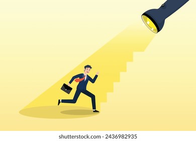 Businessman walk up flashlight with staircase light beam, spotlight to guide career success, recruitment or HR finding candidate or talent, opportunity or career growth, ladder of success (Vector)