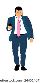 Businessman walk with mobile phone headphones vector illustration isolated. Handsome man in suite, smart phone gadget. Walking man. Business man listening music. Modern urban male, lifestyle person. 