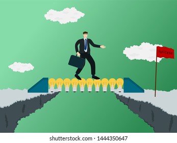 Businessman walk on idea bridge for through cliff , success concept