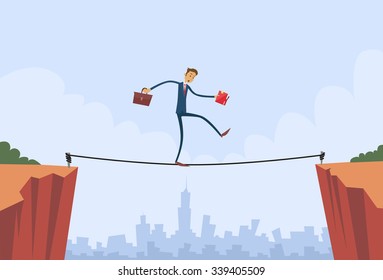 Businessman Walk Over Cliff Gap Mountain Business Man Balancing Wooden Stick Bridge Flat Vector Illustration