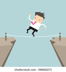 Businessman Walk Over Cliff Gap Mountain Business Man Balancing Wooden Stick Bridge Vector