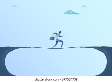 Businessman Walk Over Cliff Gap Mountain Business Man Balancing Wooden Stick Bridge Flat Vector Illustration