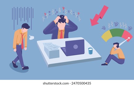 businessman walk sad, employee tired and stress, vector illustration