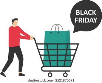 Businessman walk with shopping cart with big bags. Black Friday sale. Special offer. Shopping cart. Big sale event. Modern vector illustration in flat style

