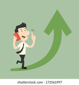 businessman walk with smart phone and arrow up