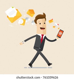 Businessman walk with a smartphone in hand and many e-mail letters follow him. Vector, illustration, flat