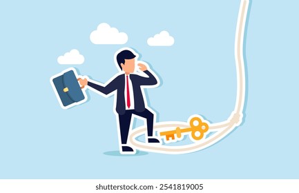 A businessman walking, about to be trapped by a rope looping around a key, illustration of being trapped with a deceptive solution that harms the business