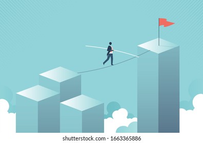 Businessman walking across gap on a tightrope vector concept. Symbol of business risk, courage, adventure, success and ambition, motivation. vector design.