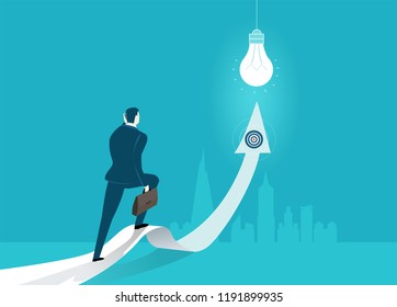 Businessman walking along the arrow, pointing to the success.  Innovation, progress and advisory concept illustration. 