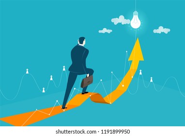 Businessman walking along the arrow, pointing to the success.  Innovation, progress and advisory concept illustration. 