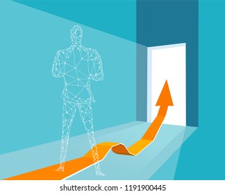 Businessman walking along the arrow, pointing to the success.  Innovation, progress and advisory concept illustration. 