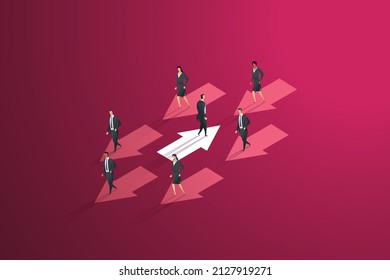 Businessman walking arrow walking in opposite direction to group businessmen. Opposite decisions on different business paths.  isometric vector illustration.