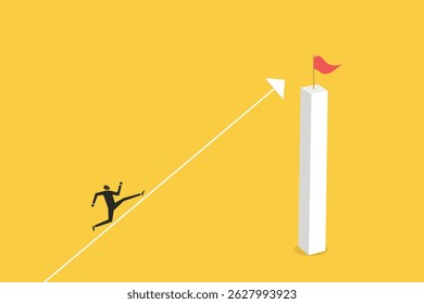 Businessman walking up arrow trying to reach the top flag. concept of ambition, motivation