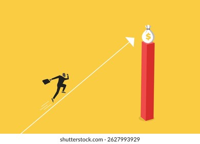 Empresário andando seta para cima tentando chegar ao dinheiro superior. conceito de ambição, motivação