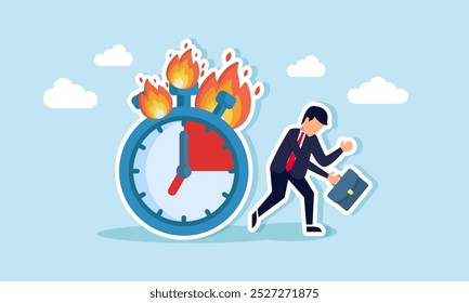 A businessman walking beside a burning clock, feeling tired and frustrated, illustrating exhaustion from overworking beyond time limits.