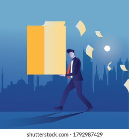 Businessman walking with a big stack of paper work, employee overworked in company Business concept the solution to the problem