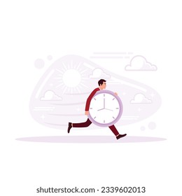 Businessman walking with a big watch in his hand. Time management concept. time management to help complete multitasking work or smart productivity concept. Trend Modern vector flat illustration