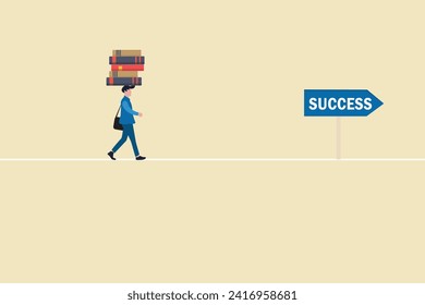 Businessman walking with books on head. concept of success, education level and skill development