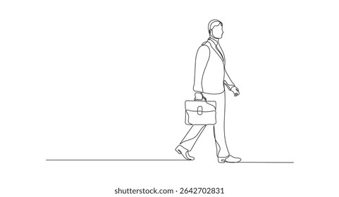 Businessman walking with briefcase in continuous line drawing style. Sketch of man carrying briefcase in minimalist black lines isolated on white background. Vector illustration