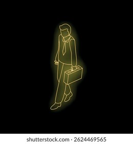 Businessman walking with briefcase in hand, in yellow neon light style on black background, representing business and work