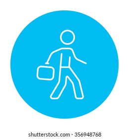 Businessman walking with briefcase line icon for web, mobile and infographics. Vector white icon on the light blue circle isolated on white background.
