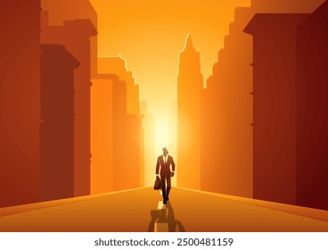 Businessman walking with a briefcase in the middle of a city street, flanked by buildings on both sides. Ideal for urban opportunities themes, the promise and potential of the big city