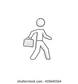 Empresario caminando con el icono de boceto vector de maletín aislado en el fondo. Hand dibujó a Empresario con el icono de la cartera de documentos. Empresario con icono de boceto de maletín para infografía, sitio web o aplicación.