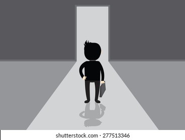Businessman walking a bright side in door