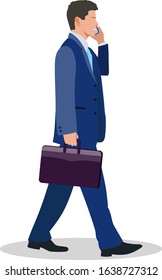 Businessman walking with call.Flat vector businessman holding bag and talk the phone