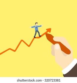 businessman walking carefully on arrow graph