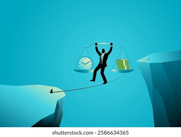 Businessman walking carefully on a rope between cliffs while holding a scale with money and a clock. Represents the challenge of balancing time and financial success