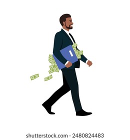 Hombre de negocios caminando llevando Mapa o sobre con Dinero Volando. Ilustración vectorial plana aislada sobre fondo blanco