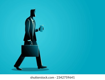 Businessman walking with confidence, carrying briefcase and coffee cup for a dynamic workday scene, vector illustration