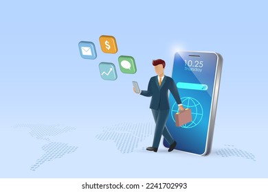 Businessman walking connecting business network on smart mobile. Digital online technology. Professional management character. Success and achievement. 