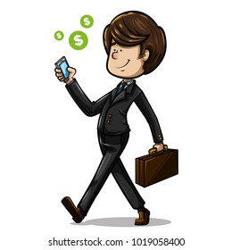 businessman walking with dark suit, aquamarine tie and brown shoes, along with a brown briefcase and in his hand a cellphone, accompanied by money signs. Illustration on white background