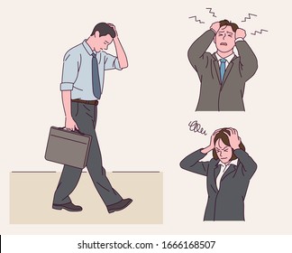 A businessman is walking with a depressed look. Business people are stressed with hands on head. hand drawn style vector design illustrations. 
