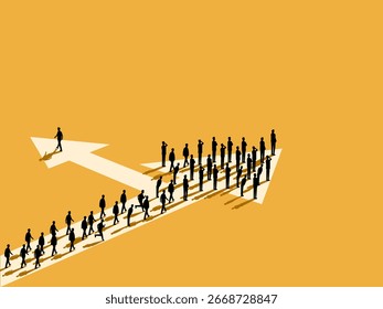 businessman is walking in a different direction than the crowd