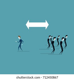 Businessman Walking To Different Side Of Arrow From Business People Group Flat Vector Illustration