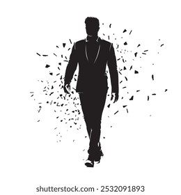 Businessman walking, distorted isolated vector silhouette, front view