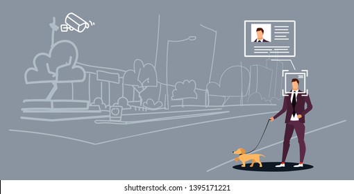 businessman walking with dog at city street identification facial recognition concept security camera surveillance cctv system cityscape background sketch doodle full length horizontal