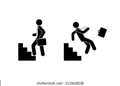 businessman walking down the stairs, person shape stick, business icon, man falling down the stairs
