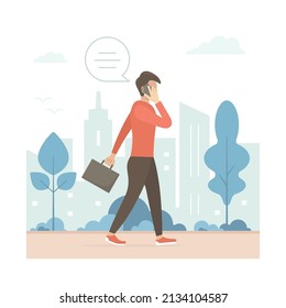 Businessman walking down the street and talking on the phone. Vector flat style modern illustration.