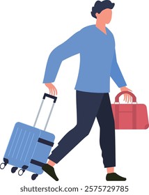 Businessman walking fast at the airport terminal pulling a trolley suitcase and carrying a travel bag, going to boarding gate, business travel concept