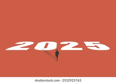 Businessman walking forward to 2025 year. concept of planning or strategy, vision or forecast, year begin anticipation, improvement or progress