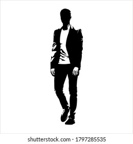 Businessman walking forward, abstract vector silhouette, ink drawing. Isolated business people