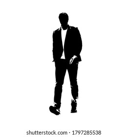 Businessman walking forward, abstract vector silhouette, ink drawing. Isolated business people