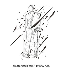 Businessman walking forward, abstract vector silhouette, ink drawing. Isolated geometric business people. Man in suit